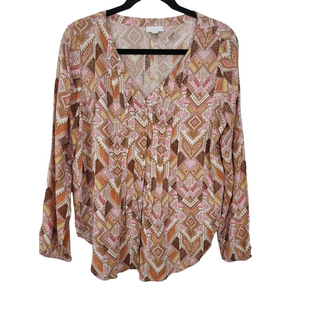 J.Jill Blouse Small Womens Button Front Long Sleeve V Neck Geometric Print Top